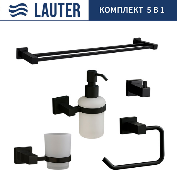 Изображение товара Набор аксессуаров для ванной и туалета Lauter 21SH6062 + 21SH6172 + 21SH6092 + 21SH6072 + 21SH6022 (Matt Black, 5 предметов)