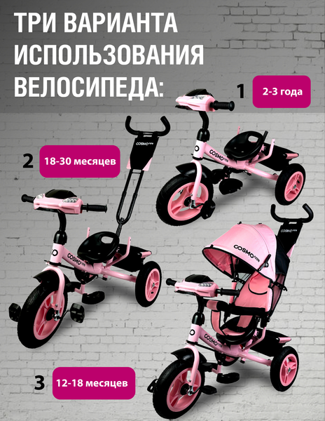 Изображение товара Трехколесный велосипед с ручкой CosmoRide LX-00PK (розовый)