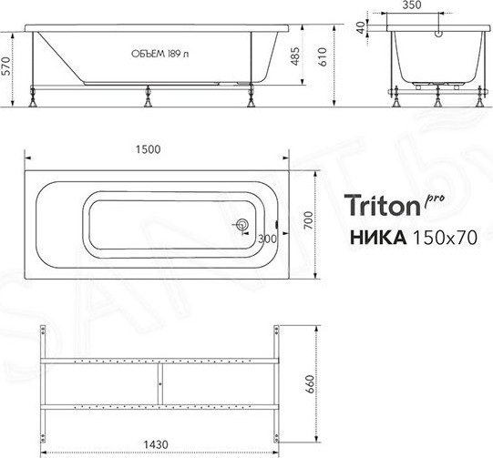 Изображение товара Ванна акриловая Triton Ника 150x70 Люкс Flat (с гидромассажем)