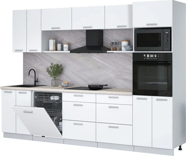 Изображение товара Кухонный гарнитур Интерлиния Мила Лайт 3.0-ПМ1 (белый платинум/белый платинум/травертин серый)