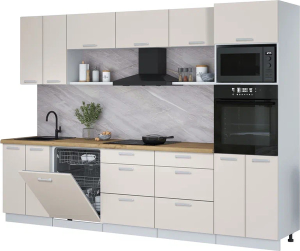 Изображение товара Кухонный гарнитур Интерлиния Мила Лайт 3.0-ПМ1 (персидский жемчуг/персидский жемчуг/дуб бунратти)