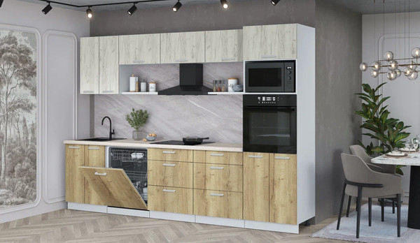 Изображение товара Кухонный гарнитур Интерлиния Мила Лайт 3.0-ПМ1 (дуб белый/дуб золотой/травертин серый)