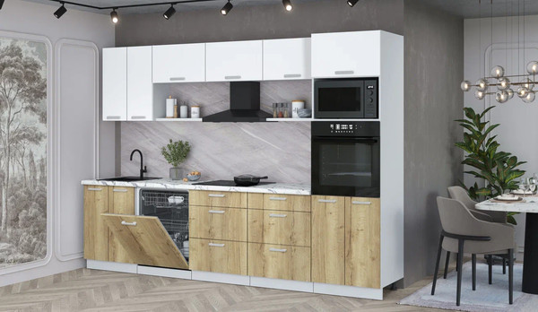 Изображение товара Кухонный гарнитур Интерлиния Мила Лайт 3.0-ПМ1 (белый платинум/дуб золотой/белый гранит)