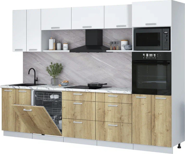 Изображение товара Кухонный гарнитур Интерлиния Мила Лайт 3.0-ПМ1 (белый платинум/дуб золотой/белый гранит)