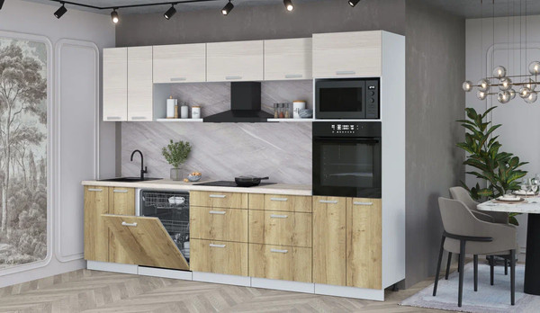 Изображение товара Кухонный гарнитур Интерлиния Мила Лайт 3.0-ПМ1 (вудлайн кремовый/дуб золотой/травертин серый)