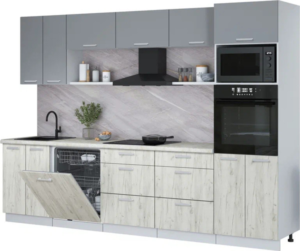 Изображение товара Кухонный гарнитур Интерлиния Мила Лайт 3.0-ПМ1 (серебро/дуб белый/опал светлый)