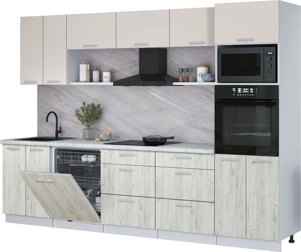 Изображение товара Кухонный гарнитур Интерлиния Мила Лайт 3.0-ПМ1 (персидский жемчуг/дуб белый/серый каспий)