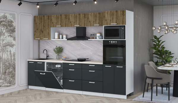 Изображение товара Кухонный гарнитур Интерлиния Мила Лайт 3.0-ПМ1 (дуб веллингтон/антрацит/травертин серый)