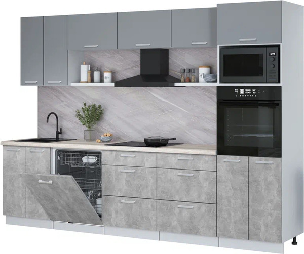 Изображение товара Кухонный гарнитур Интерлиния Мила Лайт 3.0-ПМ1 (серебро/бетон/травертин серый)