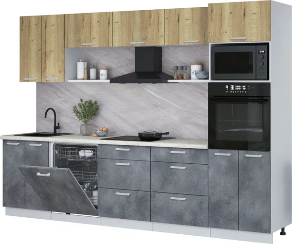 Изображение товара Кухонный гарнитур Интерлиния Мила Лайт 3.0-ПМ1 (дуб золотой/бетон портленд/опал светлый)