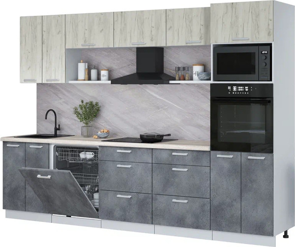 Изображение товара Кухонный гарнитур Интерлиния Мила Лайт 3.0-ПМ1 (дуб белый/бетон портленд/травертин серый)