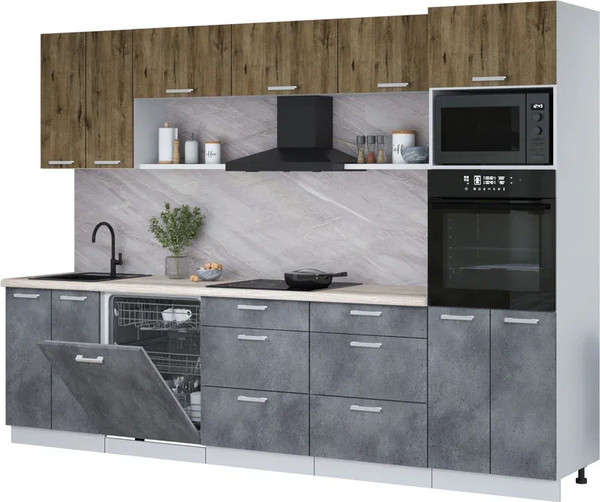 Изображение товара Кухонный гарнитур Интерлиния Мила Лайт 3.0-ПМ1 (дуб веллингтон/бетон портленд/травертин серый)