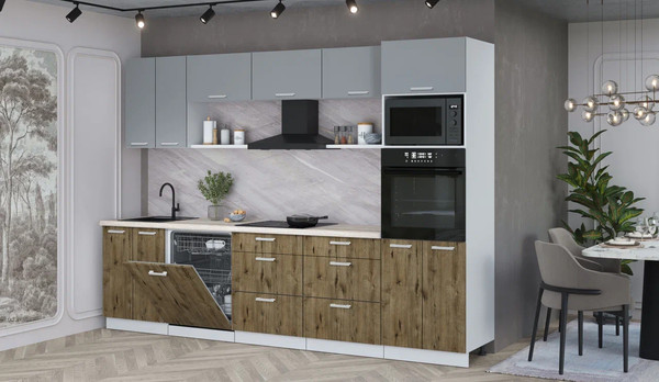 Изображение товара Кухонный гарнитур Интерлиния Мила Лайт 3.0-ПМ1 (серебро/дуб веллингтон/травертин серый)