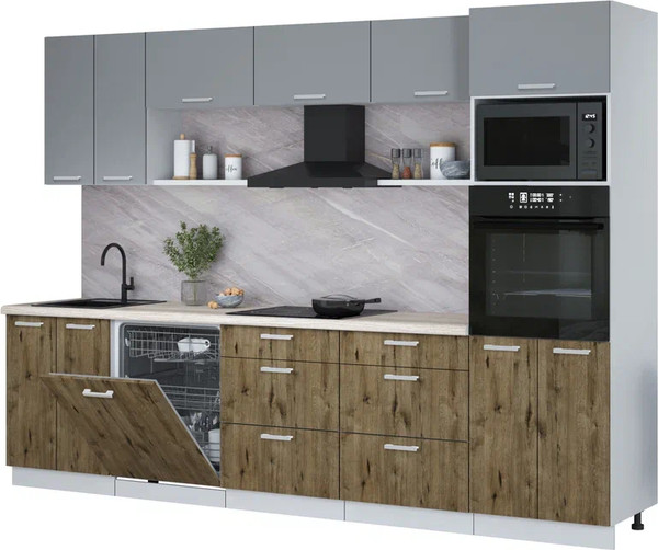 Изображение товара Кухонный гарнитур Интерлиния Мила Лайт 3.0-ПМ1 (серебро/дуб веллингтон/травертин серый)