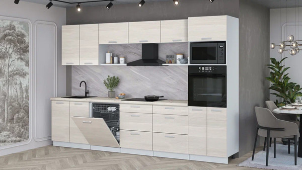 Изображение товара Кухонный гарнитур Интерлиния Мила Лайт 3.2-ПМ1 (вудлайн кремовый/вудлайн кремовый/бискайская сосна)