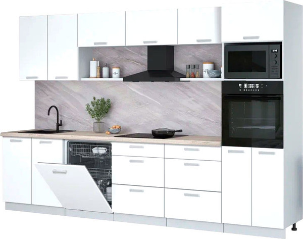 Изображение товара Кухонный гарнитур Интерлиния Мила Лайт 3.2-ПМ1 (белый платинум/белый платинум/травертин серый)