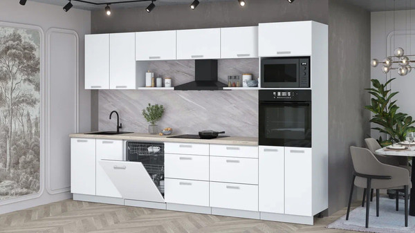 Изображение товара Кухонный гарнитур Интерлиния Мила Лайт 3.2-ПМ1 (белый платинум/белый платинум/травертин серый)