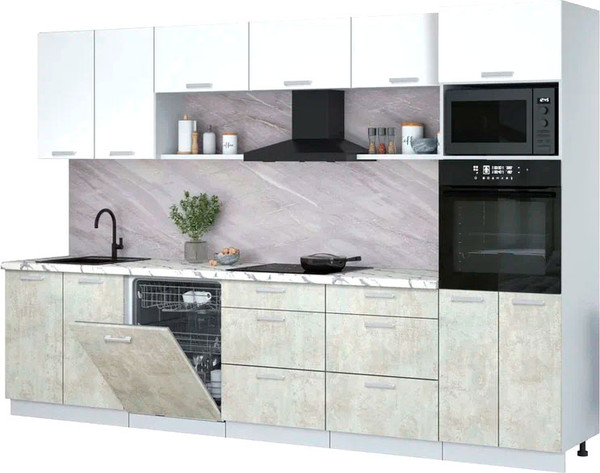 Изображение товара Кухонный гарнитур Интерлиния Мила Лайт 3.2-ПМ1 (белый платинум/бетон лайт/белый гранит)