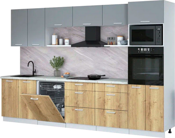 Изображение товара Кухонный гарнитур Интерлиния Мила Лайт 3.2-ПМ1 (серебро/дуб золотой/серый каспий)