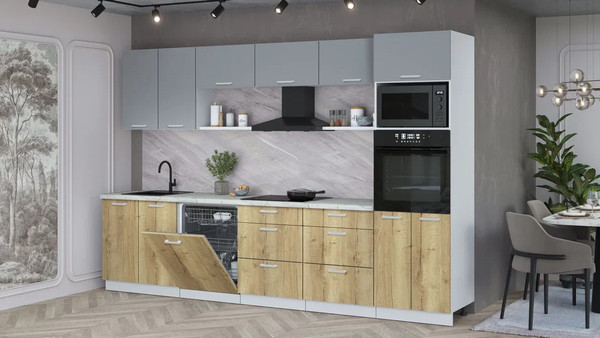 Изображение товара Кухонный гарнитур Интерлиния Мила Лайт 3.2-ПМ1 (серебро/дуб золотой/серый каспий)