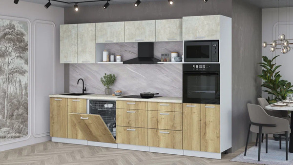 Изображение товара Кухонный гарнитур Интерлиния Мила Лайт 3.2-ПМ1 (бетон лайт/дуб золотой/опал светлый)