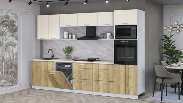 Изображение товара Кухонный гарнитур Интерлиния Мила Лайт 3.2-ПМ1 (персидский жемчуг/дуб золотой/бискайская сосна)