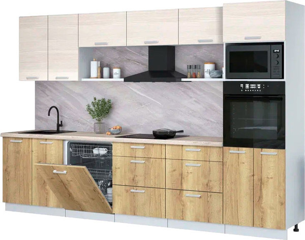 Изображение товара Кухонный гарнитур Интерлиния Мила Лайт 3.2-ПМ1 (вудлайн кремовый/дуб золотой/травертин серый)