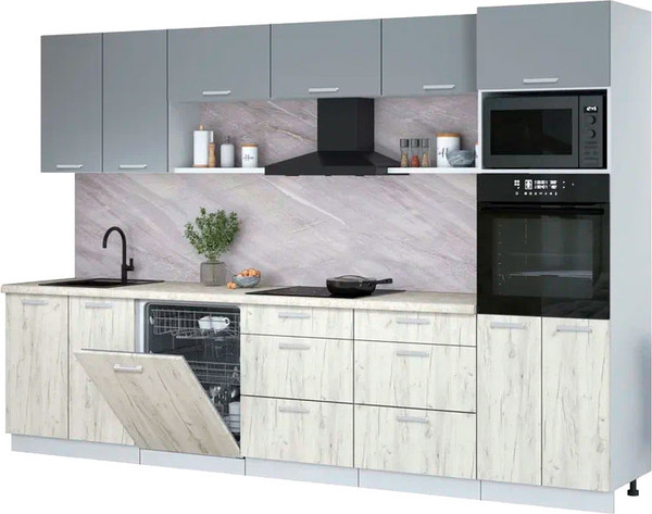 Изображение товара Кухонный гарнитур Интерлиния Мила Лайт 3.2-ПМ1 (серебро/дуб белый/опал светлый)