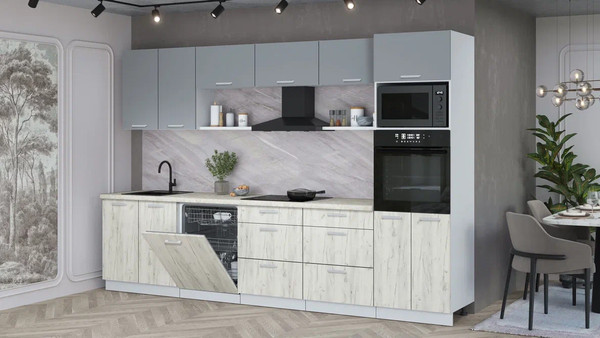 Изображение товара Кухонный гарнитур Интерлиния Мила Лайт 3.2-ПМ1 (серебро/дуб белый/опал светлый)