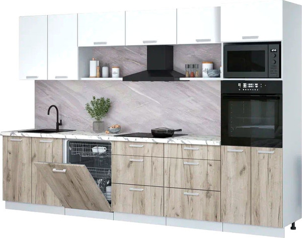 Изображение товара Кухонный гарнитур Интерлиния Мила Лайт 3.2-ПМ1 (белый платинум/дуб серый/белый гранит)