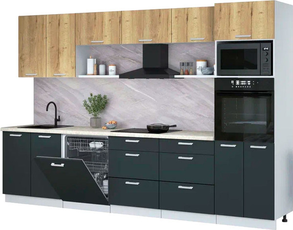 Изображение товара Кухонный гарнитур Интерлиния Мила Лайт 3.2-ПМ1 (дуб золотой/антрацит/опал светлый)