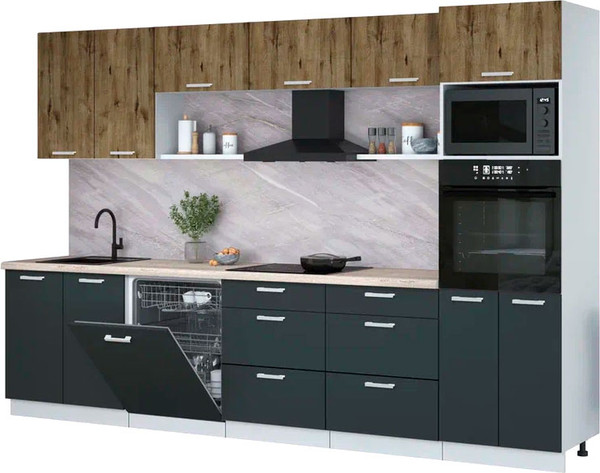 Изображение товара Кухонный гарнитур Интерлиния Мила Лайт 3.2-ПМ1 (дуб веллингтон/антрацит/травертин серый)