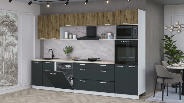 Изображение товара Кухонный гарнитур Интерлиния Мила Лайт 3.2-ПМ1 (дуб веллингтон/антрацит/травертин серый)