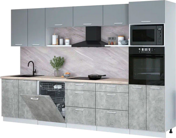 Изображение товара Кухонный гарнитур Интерлиния Мила Лайт 3.2-ПМ1 (серебро/бетон/травертин серый)