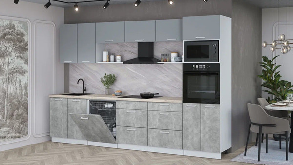 Изображение товара Кухонный гарнитур Интерлиния Мила Лайт 3.2-ПМ1 (серебро/бетон/травертин серый)