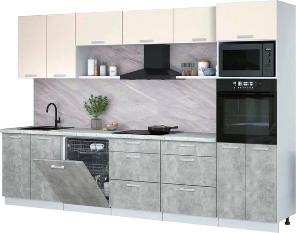 Изображение товара Кухонный гарнитур Интерлиния Мила Лайт 3.2-ПМ1 (персидский жемчуг/бетон/серый каспий)