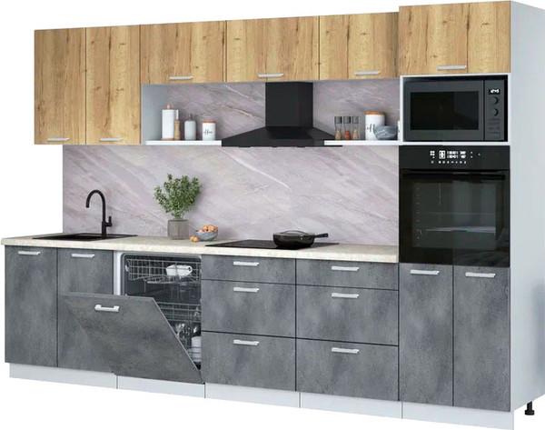 Изображение товара Кухонный гарнитур Интерлиния Мила Лайт 3.2-ПМ1 (дуб золотой/бетон портленд/опал светлый)