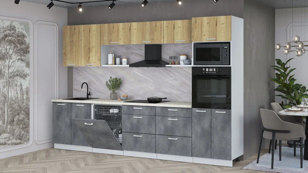 Изображение товара Кухонный гарнитур Интерлиния Мила Лайт 3.2-ПМ1 (дуб золотой/бетон портленд/опал светлый)