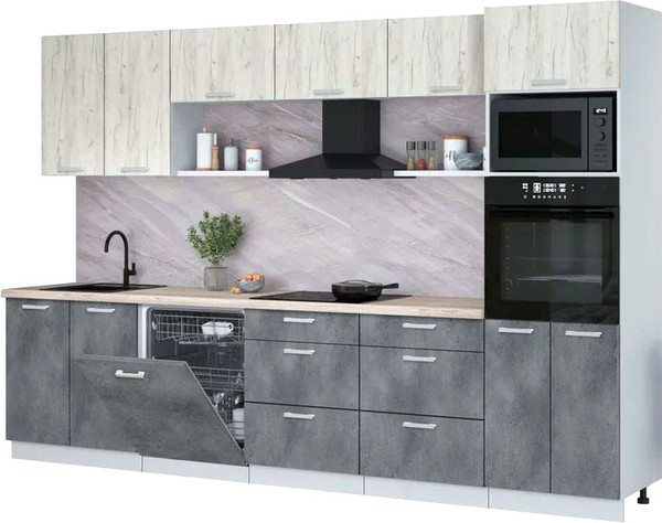 Изображение товара Кухонный гарнитур Интерлиния Мила Лайт 3.2-ПМ1 (дуб белый/бетон портленд/травертин)