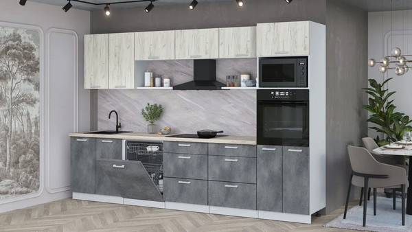 Изображение товара Кухонный гарнитур Интерлиния Мила Лайт 3.2-ПМ1 (дуб белый/бетон портленд/травертин)