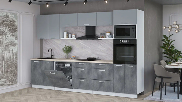 Изображение товара Кухонный гарнитур Интерлиния Мила Лайт 3.2-ПМ1 (серебро/бетон портленд/травертин серый)