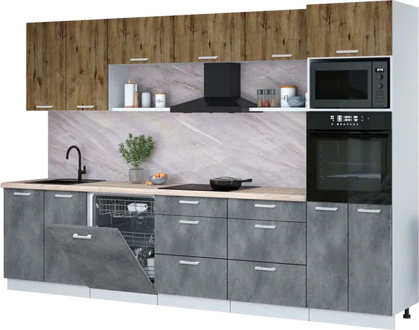 Изображение товара Кухонный гарнитур Интерлиния Мила Лайт 3.2-ПМ1  (дуб веллингтон/бетон портленд/травертин серый)