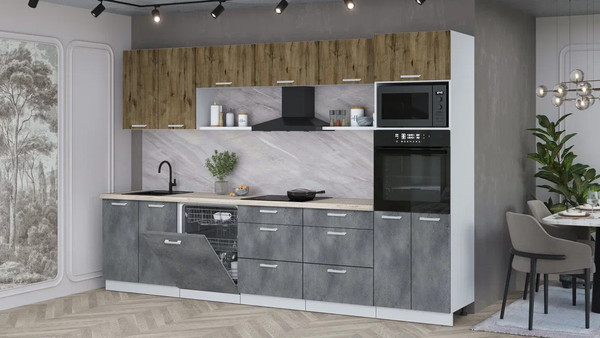 Изображение товара Кухонный гарнитур Интерлиния Мила Лайт 3.2-ПМ1  (дуб веллингтон/бетон портленд/травертин серый)