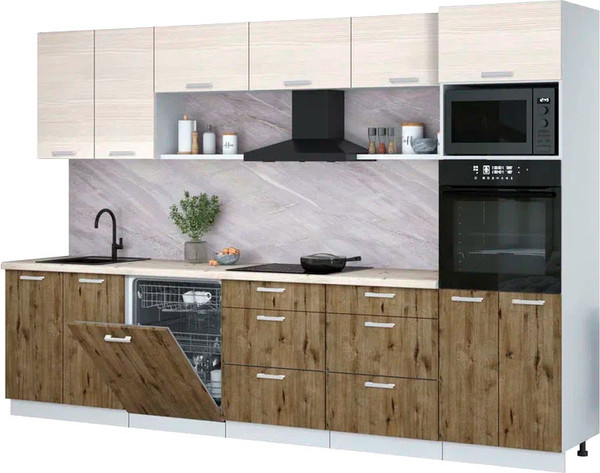 Изображение товара Кухонный гарнитур Интерлиния Мила Лайт 3.2-ПМ1 (вудлайн кремовый/дуб веллингтон/бискайская сосна)