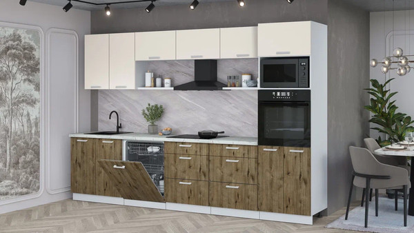 Изображение товара Кухонный гарнитур Интерлиния Мила Лайт 3.2-ПМ1 (персидский жемчуг/дуб веллингтон/серый каспий)