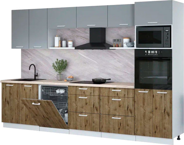 Изображение товара Кухонный гарнитур Интерлиния Мила Лайт 3.2-ПМ1 ( серебро/дуб веллингтон/травертин серый)