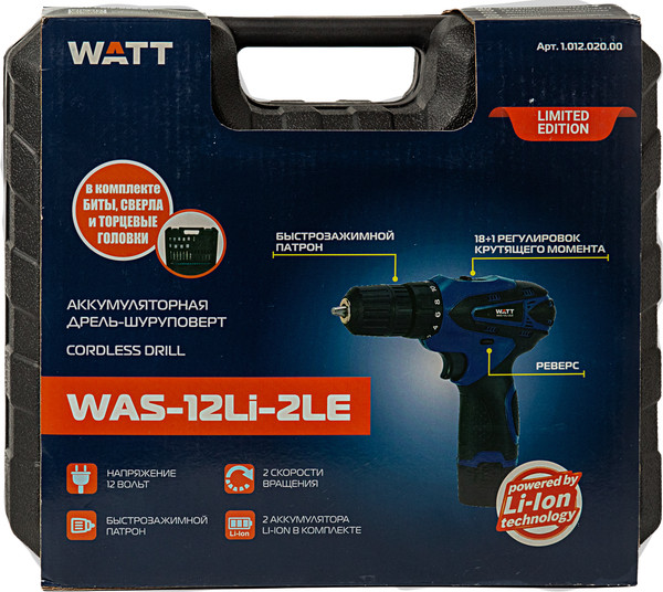 Изображение товара Аккумуляторная дрель-шуруповерт Watt WAS-12Li-2 LE (1.012.020.00)