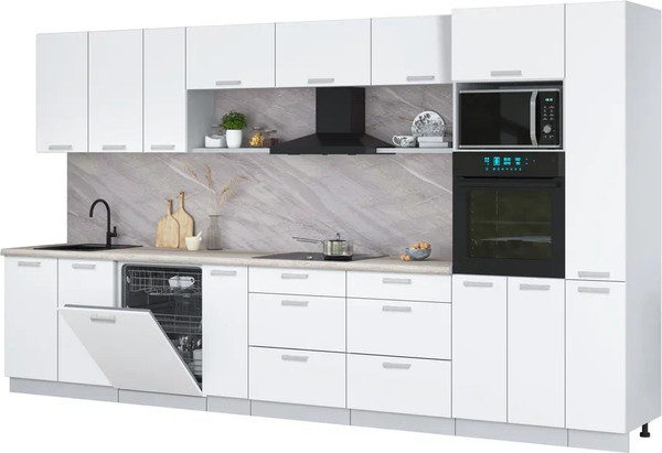 Изображение товара Кухонный гарнитур Интерлиния Мила Лайт 3.8-ПМ1  (белый платинум/белый платинум/травертин серый)