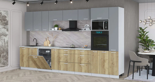 Изображение товара Кухонный гарнитур Интерлиния Мила Лайт 3.8-ПМ1 (серебро/дуб золотой/серый каспий)