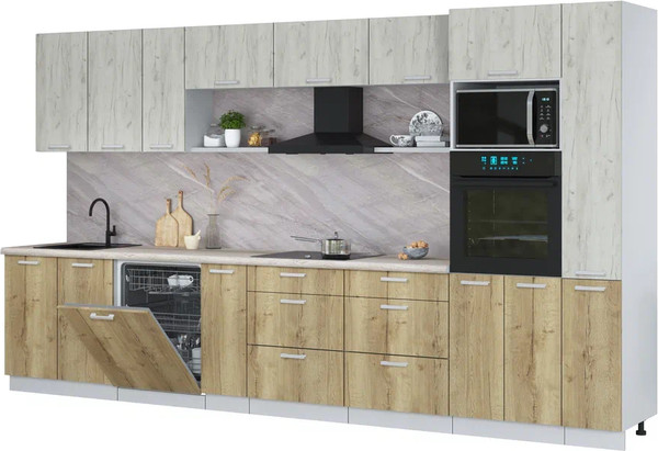 Изображение товара Кухонный гарнитур Интерлиния Мила Лайт 3.8-ПМ1  (дуб белый/дуб золотой/травертин серый)